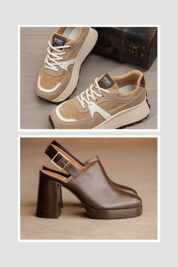 chunky brown sneakers and covered shoes