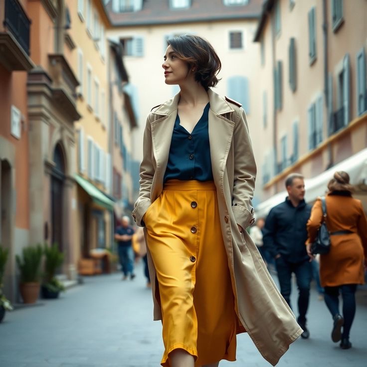 A lady walking the street wearing a navy blue and mustard yellow color combination