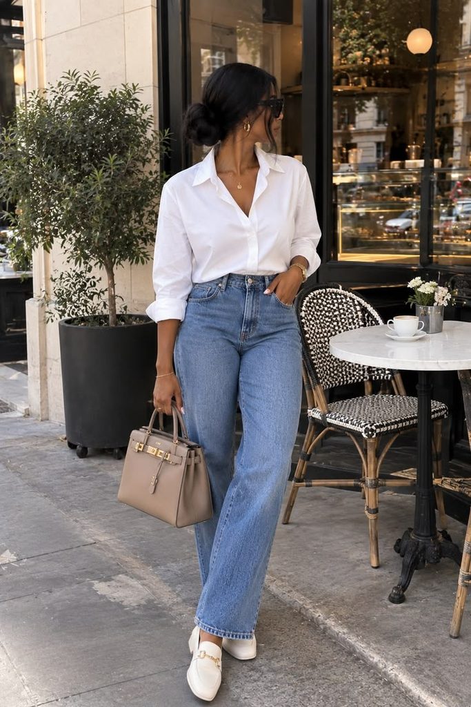 A lady wearing a white shirt and blue straight leg jeans