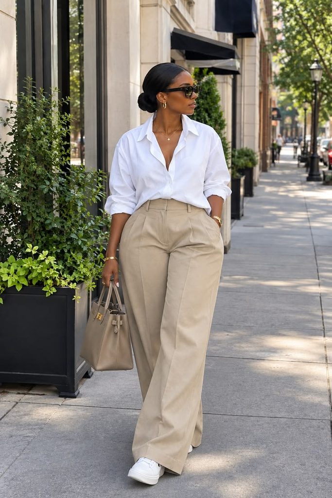 A woman wearing a white shirt with a brown trouser