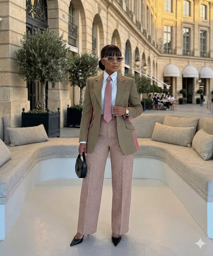 A black woman wearing a brown blazer with a white shirt insdie and a pink neck tie