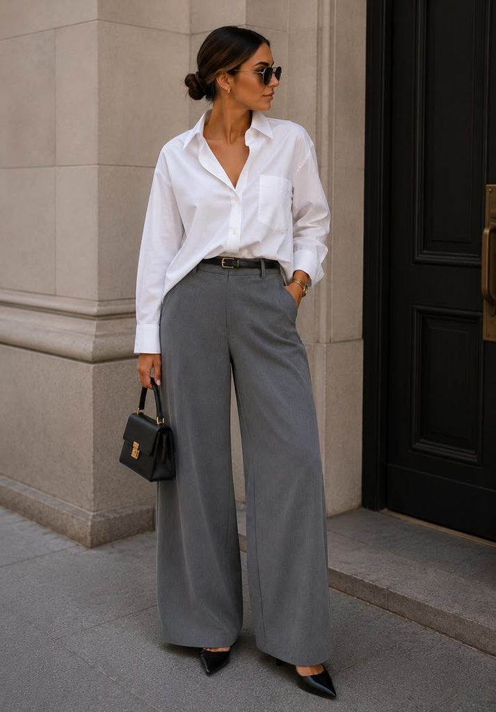 A woman wearing a white shirt and grey trousers