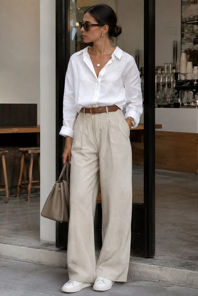 A lady wearing a white shirt with a beige tailored trousers