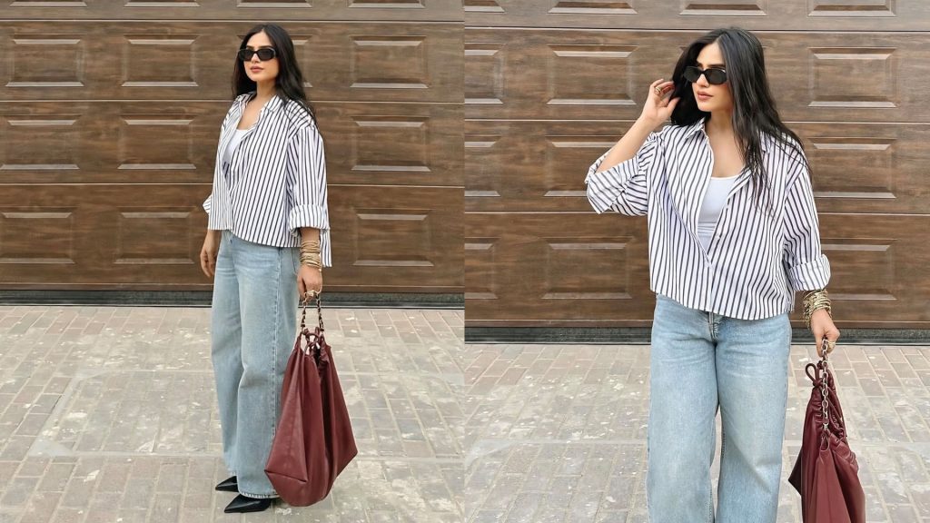 A collage of a white lady wearing a striped baggy shirt