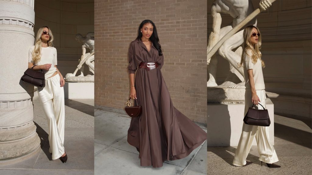 A collage of beige and chocolate brown monochrome dressing