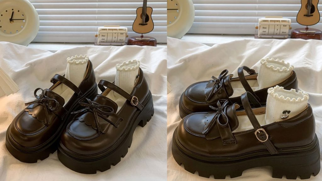 A collage of a pair of brown chunky shoes