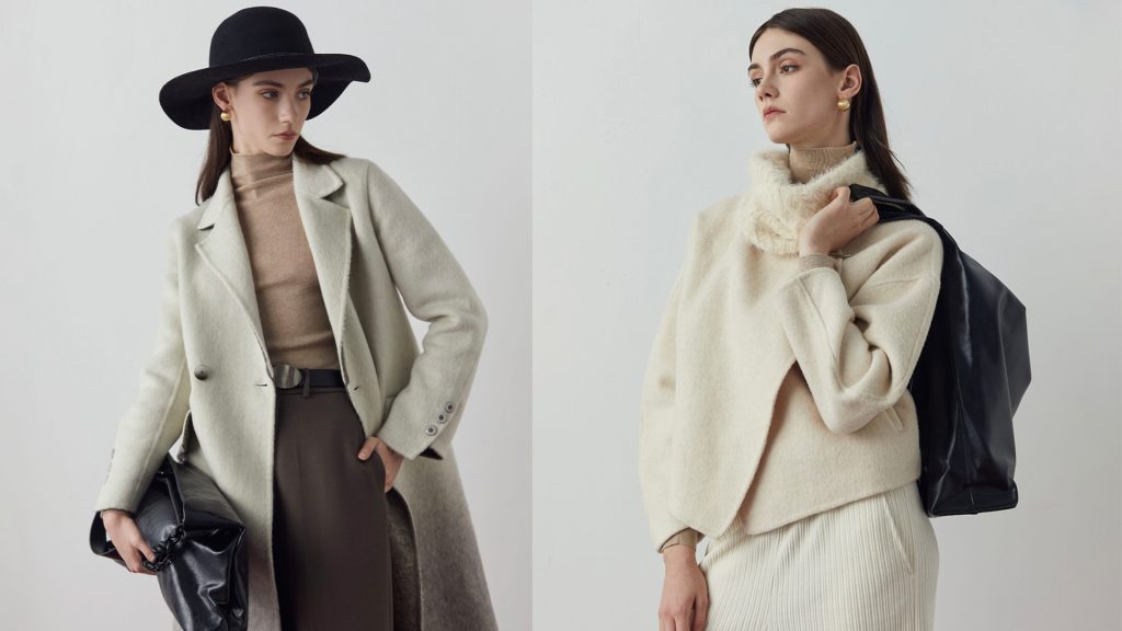 A collage of a white lady rocking her cream color statement coat