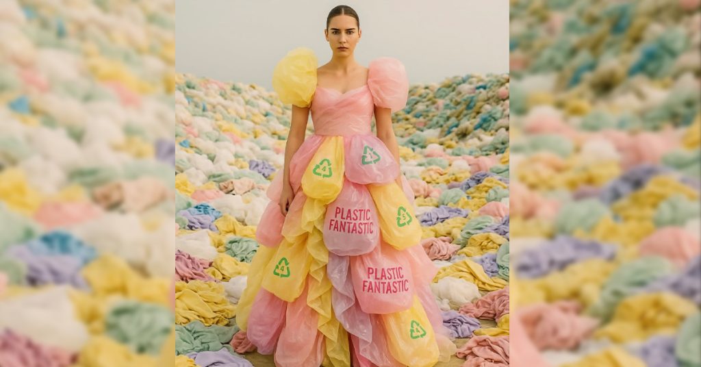 A beautiful white lady wearing a dress made from recycled materials