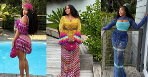 A collage of a beautiful lady wearing very colorful and pretty crochet outfits