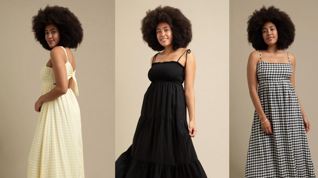A collage of a beautiful lady wearing maxi dresses.