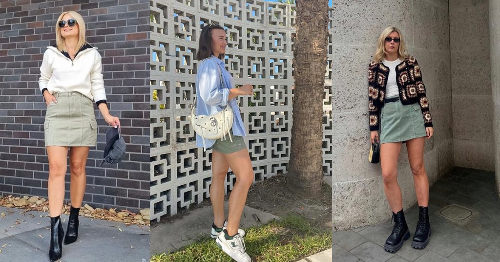 A collage of some beautiful ladies rocking short cargo skirts