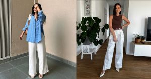 A collage of two beautiful ladies wearing really cool white pants