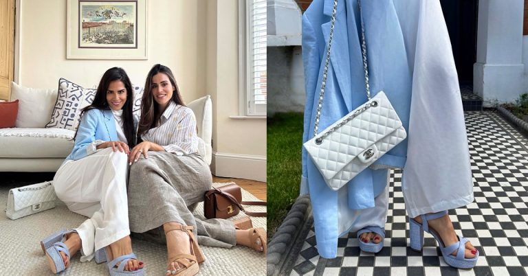 A collage showcasing two beautiful ladies showing off their matching shoes and bags