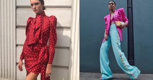 A collage of two ladies styling the 80s power shoulder trend