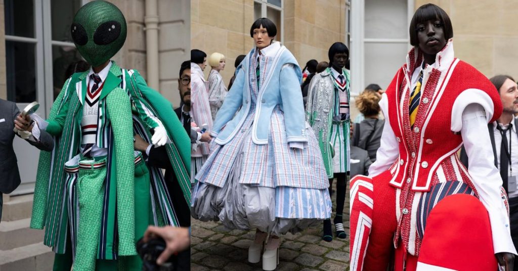 A collage of models wearing over the top outfits for Paris Fashion week