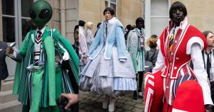 A collage of models wearing over the top outfits for Paris Fashion week