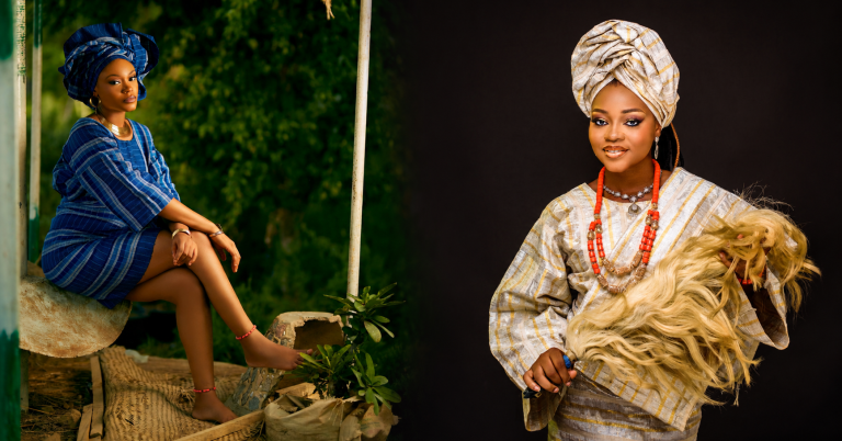Two beautiful African ladies in Nigerian traditional asooke outfits